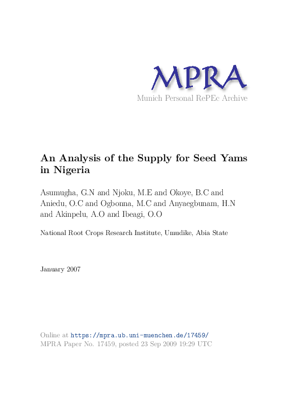 (PDF) An Analysis of the Supply for Seed Yams in Nigeria