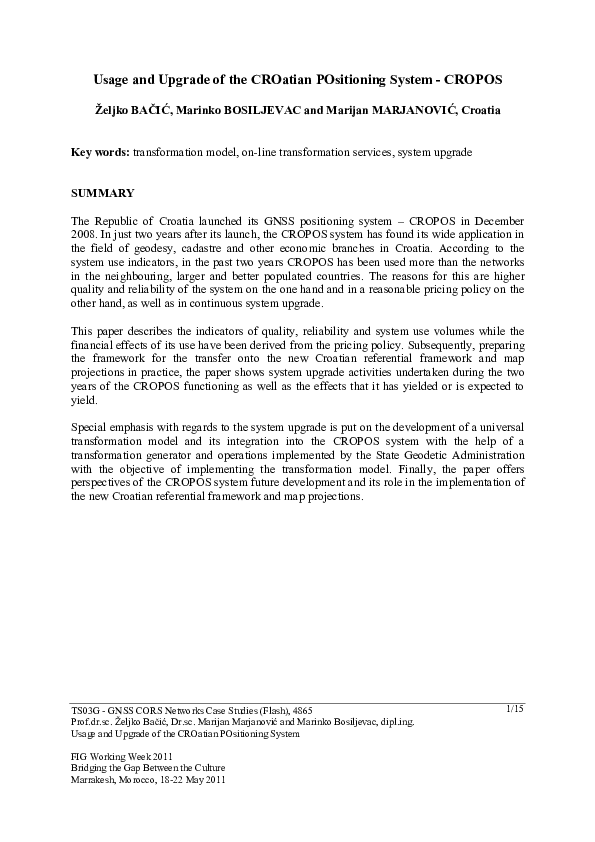 (PDF) Usage and upgrade of the Croatian Positioning System - CROPOS