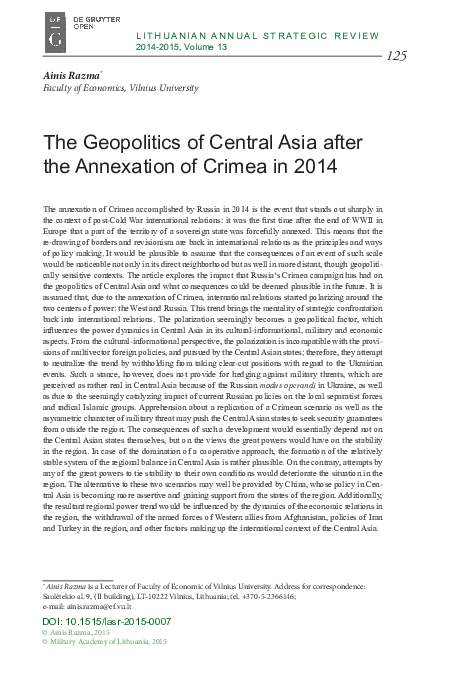 (PDF) The Geopolitics of Central Asia after the Annexation of Crimea in ...