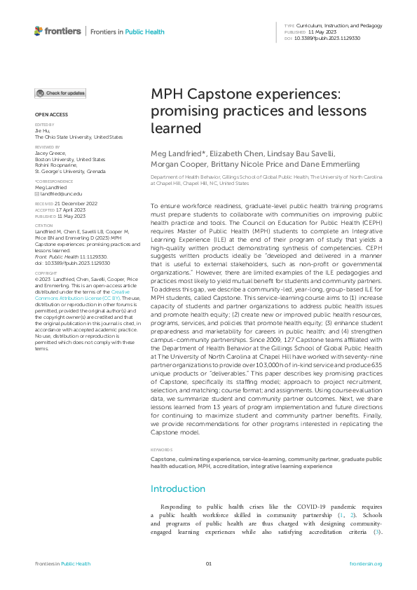 (PDF) MPH Capstone experiences: promising practices and lessons learned