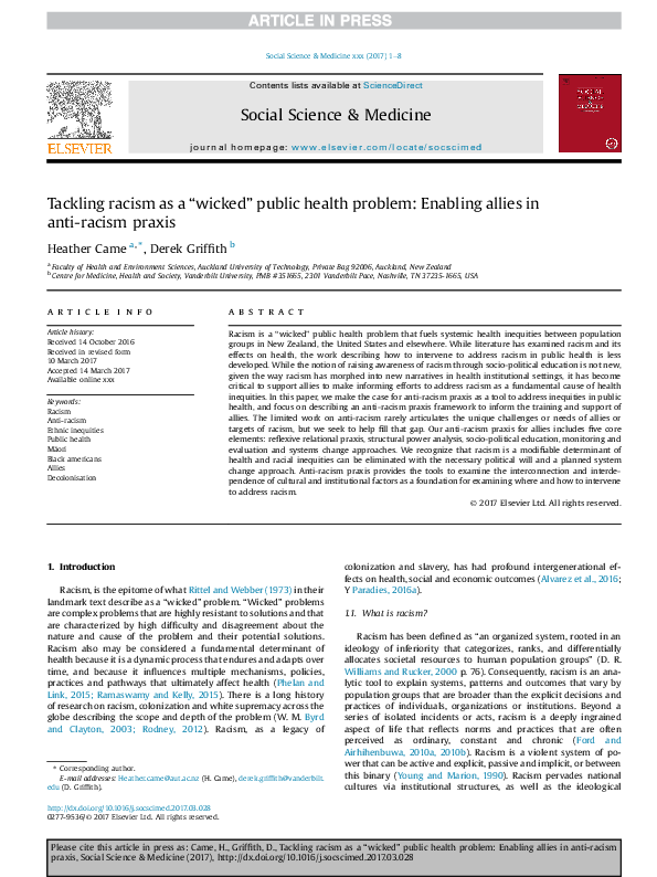 (PDF) Tackling racism as a “wicked” public health problem: Enabling ...