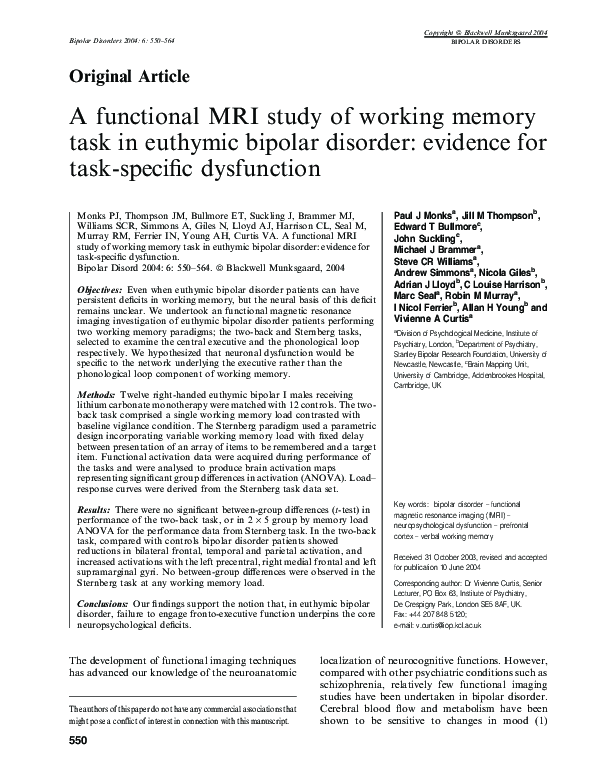 (PDF) A functional MRI study of working memory task in euthymic bipolar ...