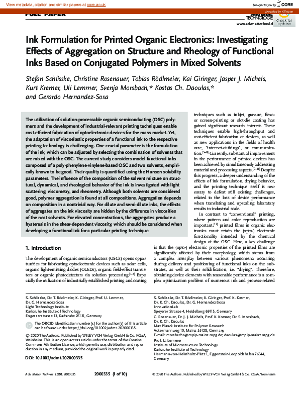 (PDF) Ink Formulation for Printed Organic Electronics: Investigating ...