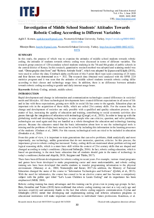 (PDF) Investigation of middle school students attitudes towards robotic ...