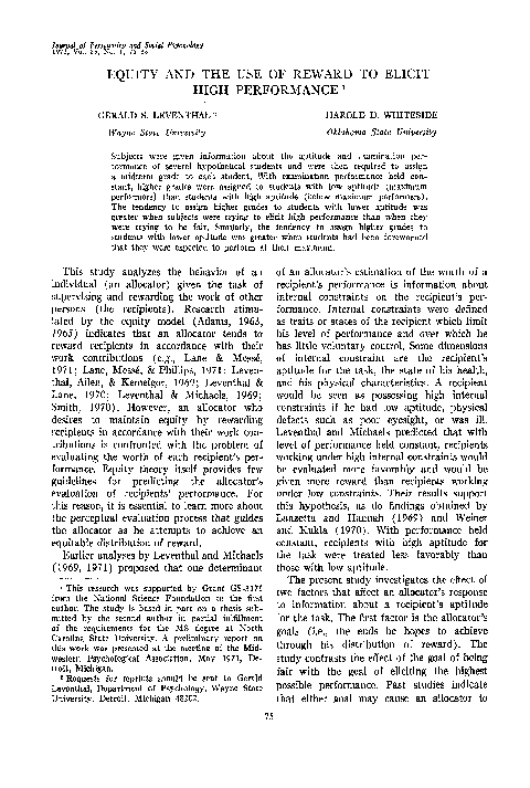 (PDF) Equity and the use of reward to elicit high performance