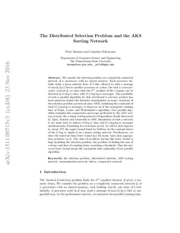 (PDF) The Distributed Selection Problem and the AKS Sorting Network