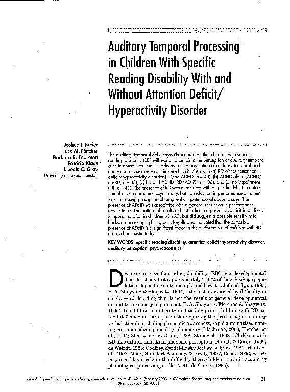 (PDF) Auditory Temporal Processing in Children With Specific Reading ...