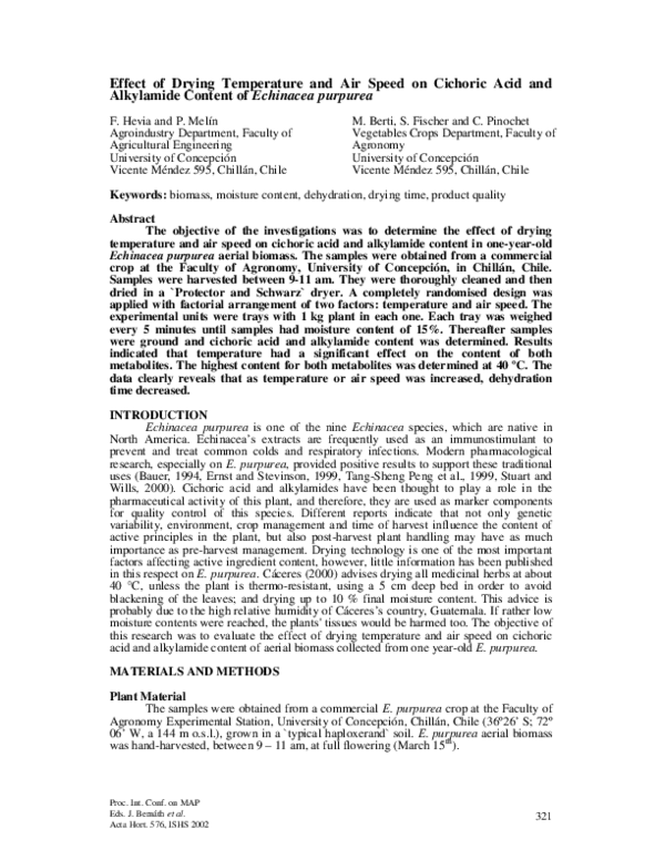 (PDF) Effect of drying temperature and air speed on cichoric acid and ...