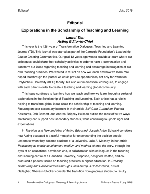 (PDF) Explorations in the Scholarship of Teaching and Learning