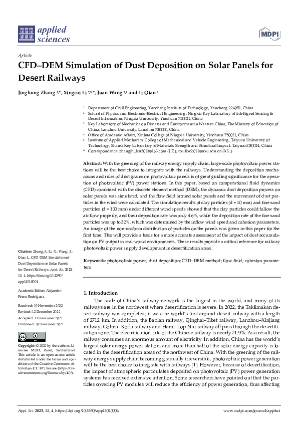 (PDF) CFD–DEM Simulation of Dust Deposition on Solar Panels for Desert ...