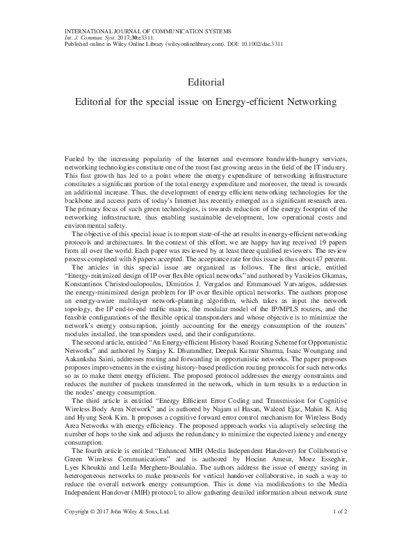 (PDF) Editorial for the special issue on Energy-efficient Networking