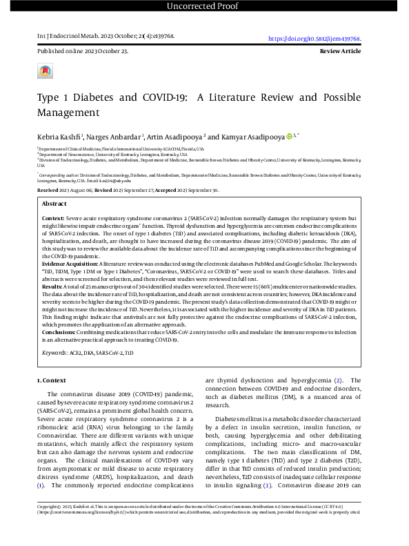 (PDF) Type 1 Diabetes and COVID-19: A Literature Review and Possible ...