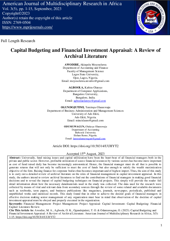 (PDF) Capital Budgeting and Financial Investment Appraisal: A Review of ...