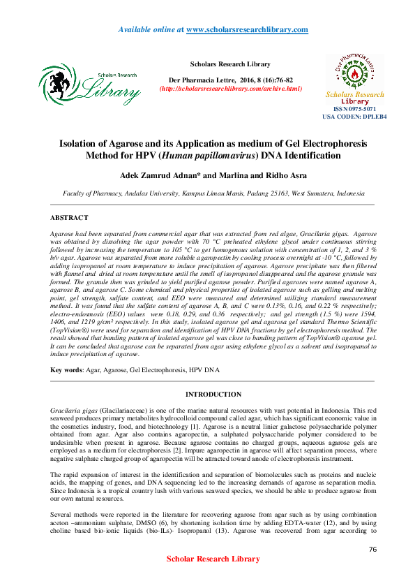 (PDF) Isolation of Agarose and its Application as medium of Gel ...