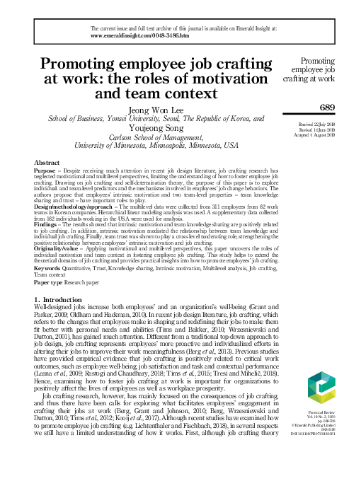(PDF) Promoting employee job crafting at work: the roles of motivation ...