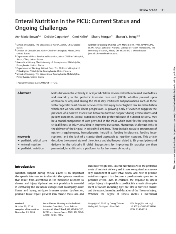 (PDF) Enteral Nutrition in the PICU: Current Status and Ongoing Challenges