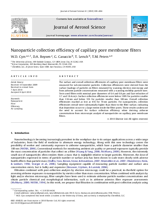 (PDF) Nanoparticle collection efficiency of capillary pore membrane filters