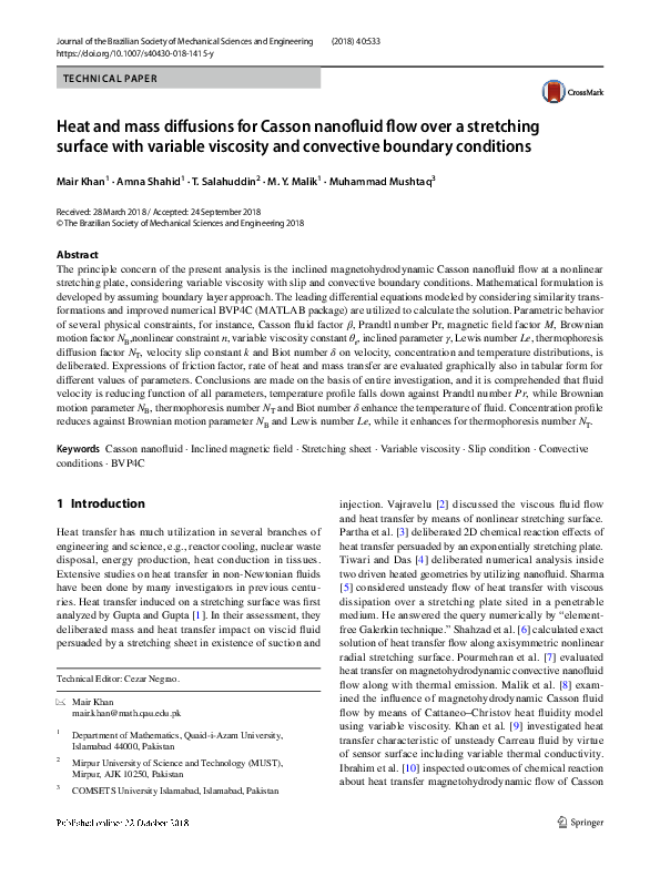 (PDF) Heat and mass diffusions for Casson nanofluid flow over a ...