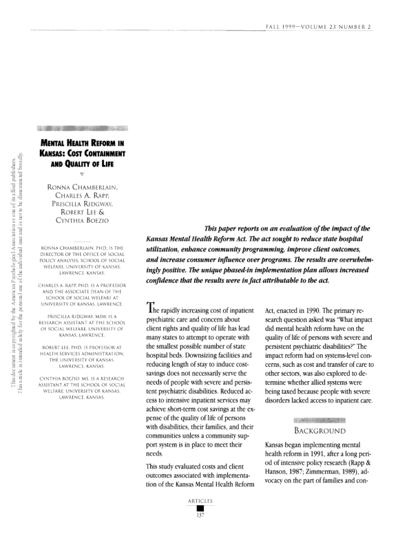 (PDF) Mental health reform in Kansas: Cost containment and quality of life