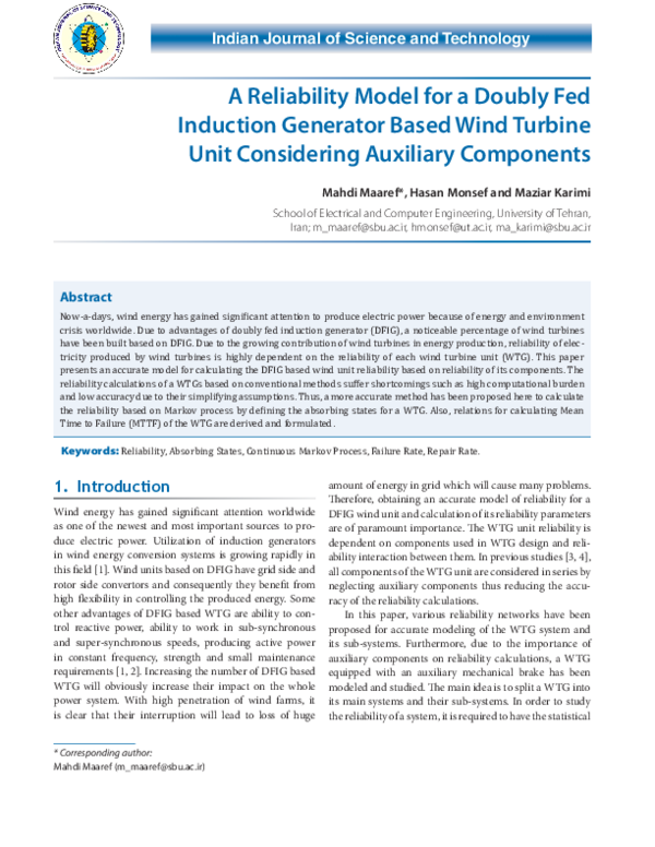 (PDF) A Reliability Model for a Doubly Fed Induction Generator Based ...