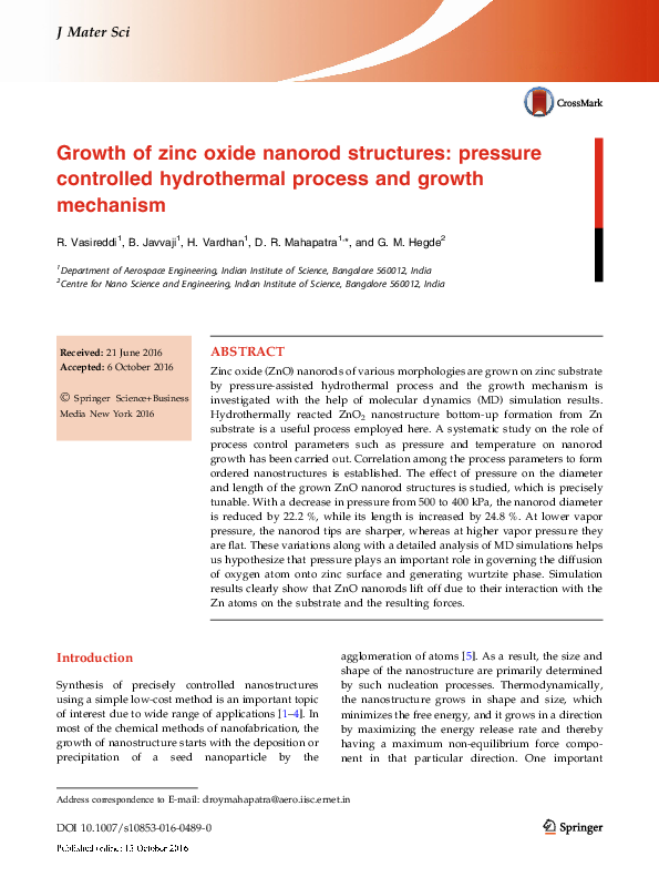(PDF) Growth of zinc oxide nanorod structures: pressure controlled ...