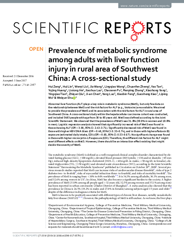 (PDF) Prevalence of metabolic syndrome among the adults of central of ...