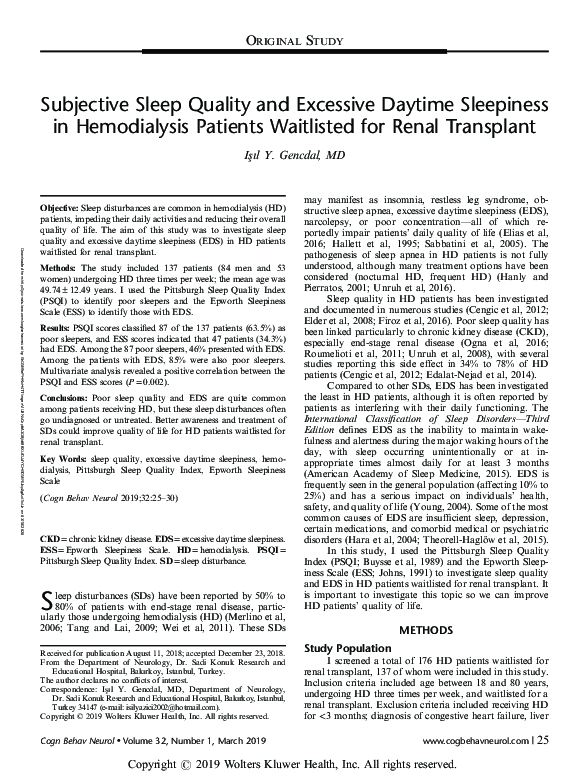 (PDF) Subjective Sleep Quality and Excessive Daytime Sleepiness in ...