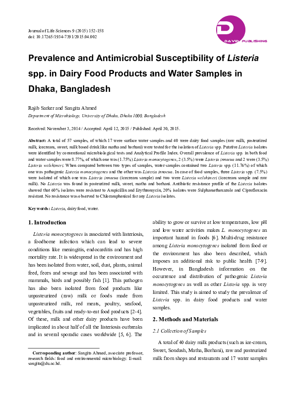 (PDF) Prevalence and Antimicrobial Susceptibility of Listeria spp. in ...