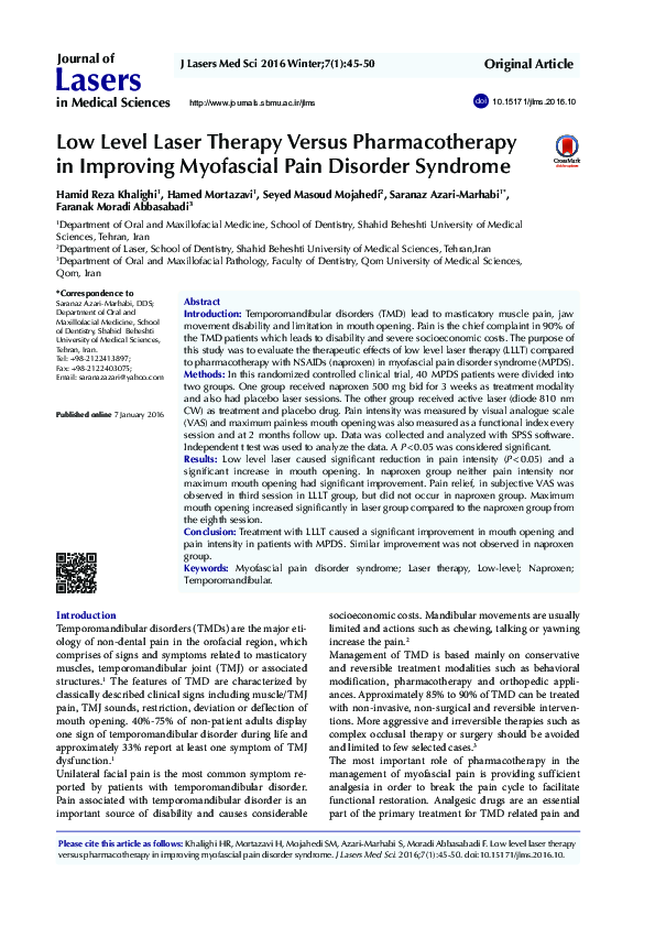 (PDF) Low Level Laser Therapy Versus Pharmacotherapy in Improving ...