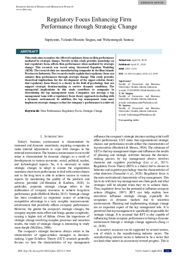 (PDF) Regulatory Focus Enhancing Firm Performance through Strategic Change