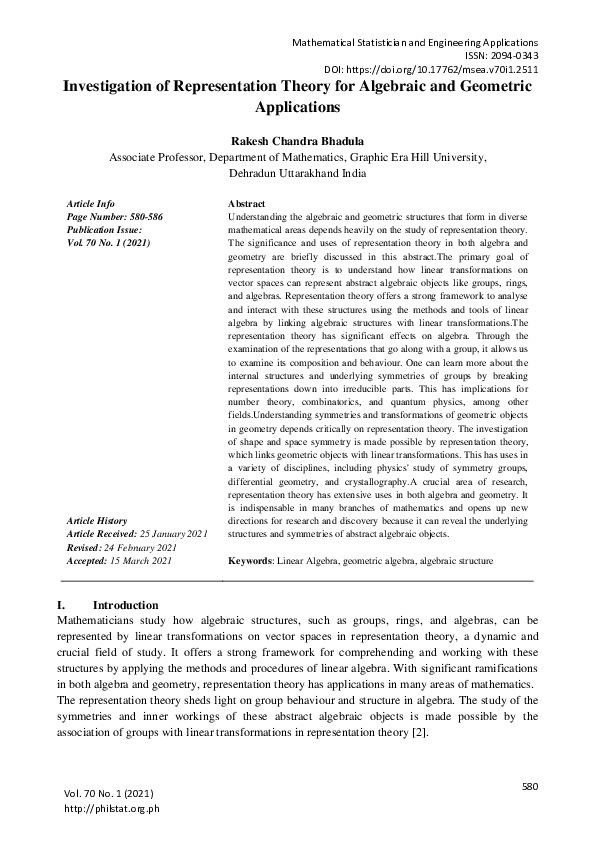 (PDF) Investigation of Representation Theory for Algebraic and ...