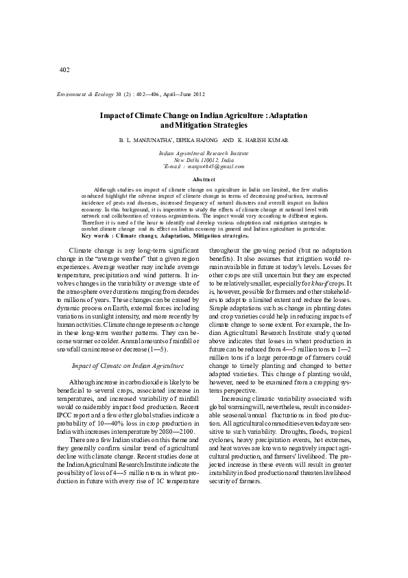 (PDF) Impact of Climate Change on Indian Agriculture : Adaptation and ...
