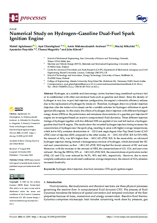 (PDF) Numerical Study on Hydrogen–Gasoline Dual-Fuel Spark Ignition Engine