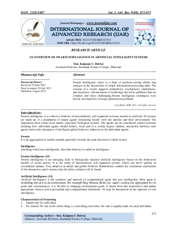 (PDF) An Overview of Swarm Intelligence in Artificial Intelligent Systems