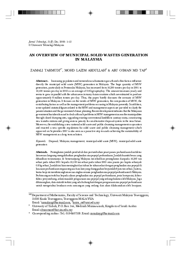 (PDF) An Overview of Municipal Solid Wastes Generation In Malaysia