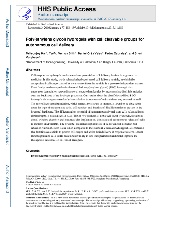 (PDF) Poly(ethylene glycol) hydrogels with cell cleavable groups for ...
