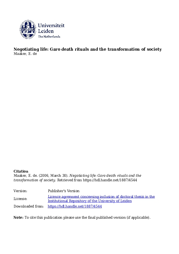 (PDF) Negotiating life: Garo death rituals and the transformation of ...