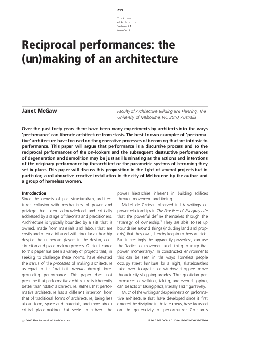 (PDF) Reciprocal performances: the (un)making of an architecture