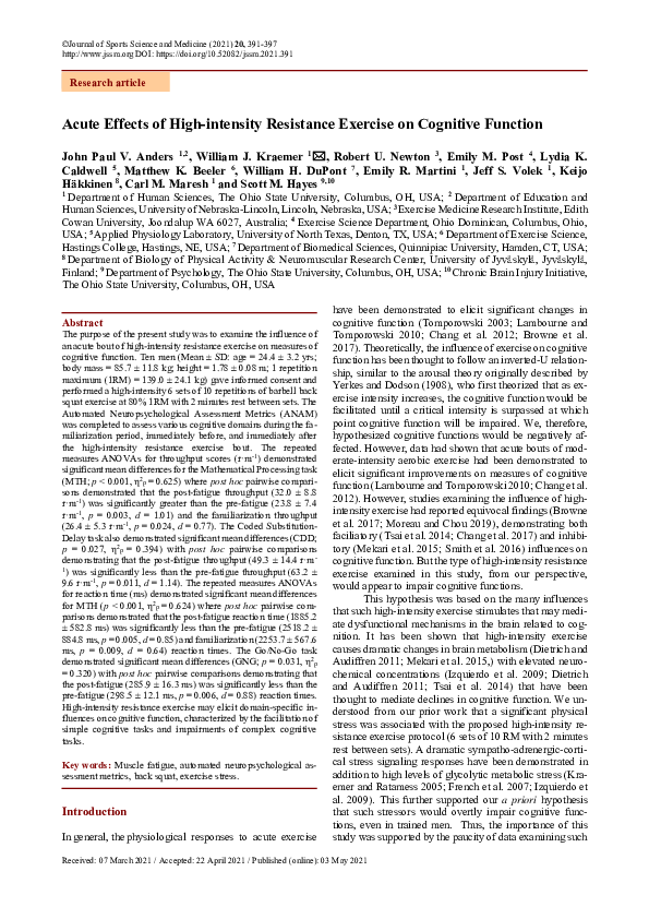 (PDF) Acute Effects of High-intensity Resistance Exercise on Cognitive ...