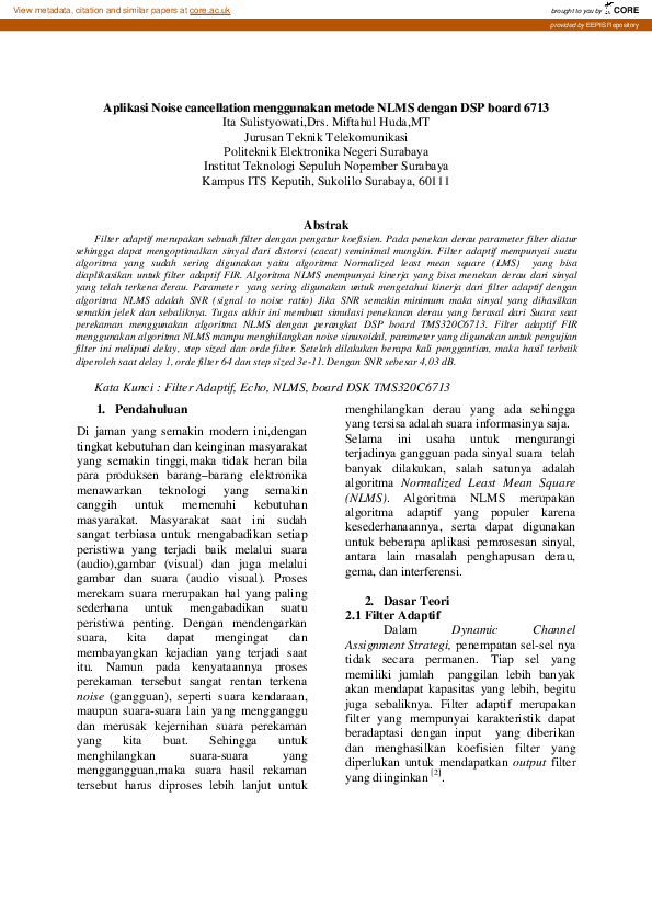 Pdf Aplikasi Noise Cancellation Pada Sinyal Suara Menggunakan