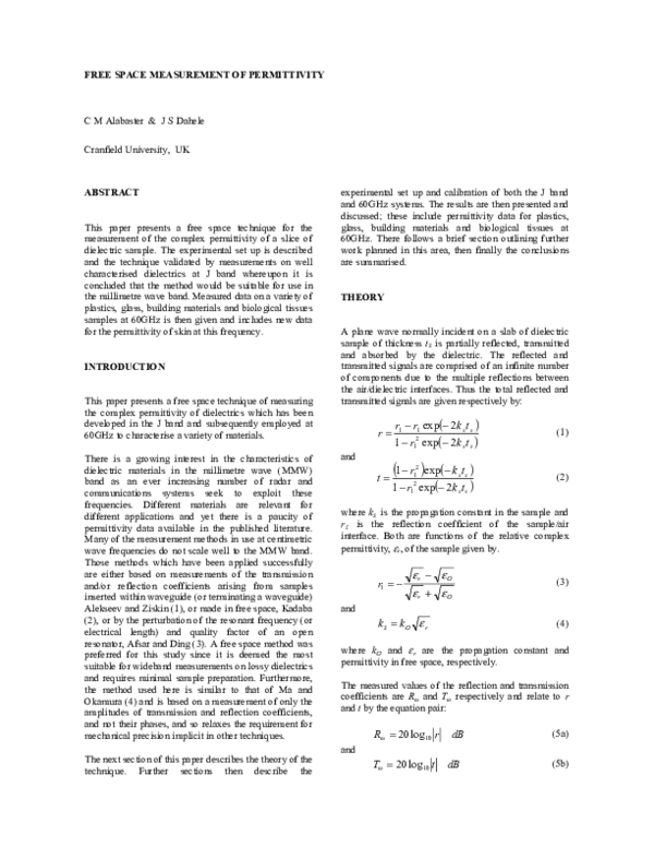 (PDF) Free space measurement of permittivity