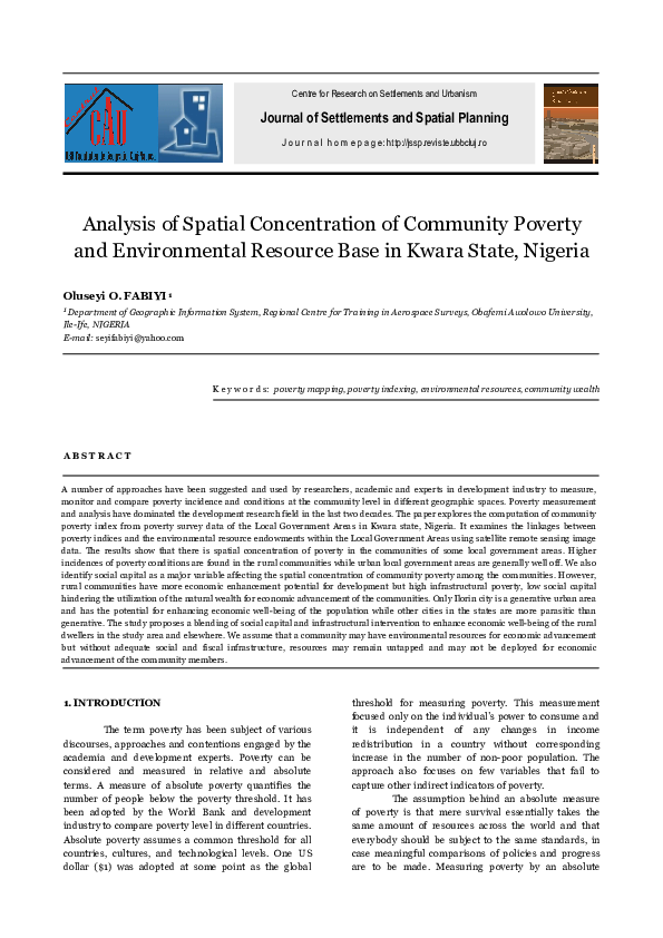 Analysis of Spatial Concentration of Community Poverty and Environmental Resource Base in Kwara State , Nigeria
