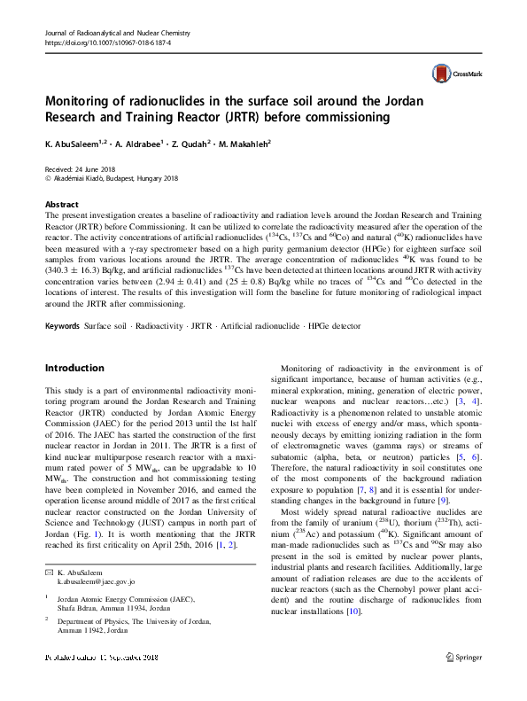 (PDF) Monitoring of radionuclides in the surface soil around the Jordan ...