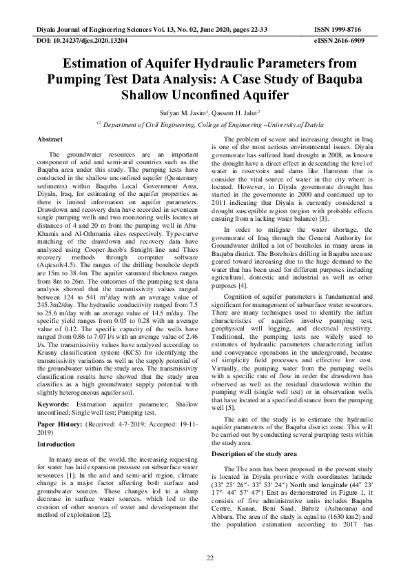 (PDF) Estimation of Aquifer Hydraulic Parameters from Pumping Test Data ...