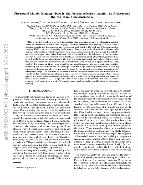 (PDF) Ultrasound Matrix Imaging. I. The focused reflection matrix, the ...