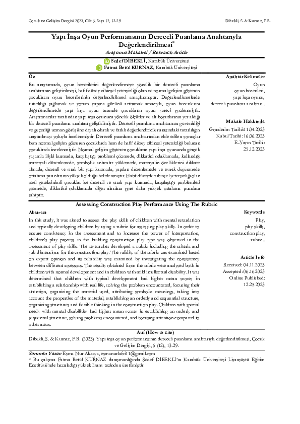 (PDF) Assessing Construction Play Performance Using The Rubric