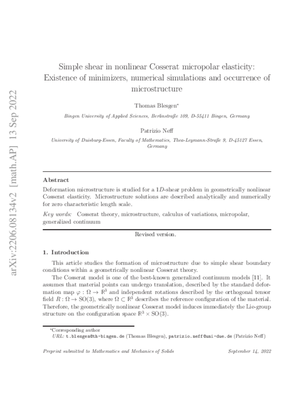 (PDF) Simple shear in nonlinear Cosserat micropolar elasticity ...