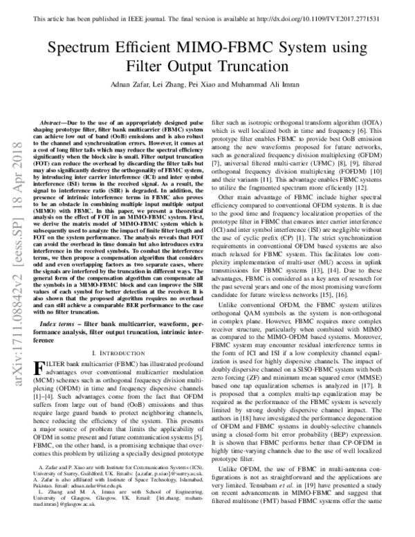 (PDF) Spectrum Efficient MIMO-FBMC System Using Filter Output Truncation