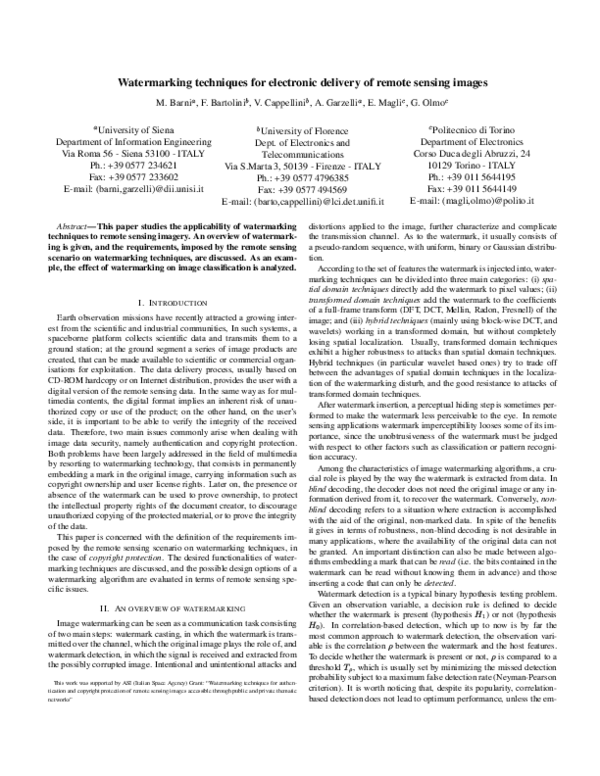 (PDF) Watermarking techniques for electronic delivery of remote sensing ...
