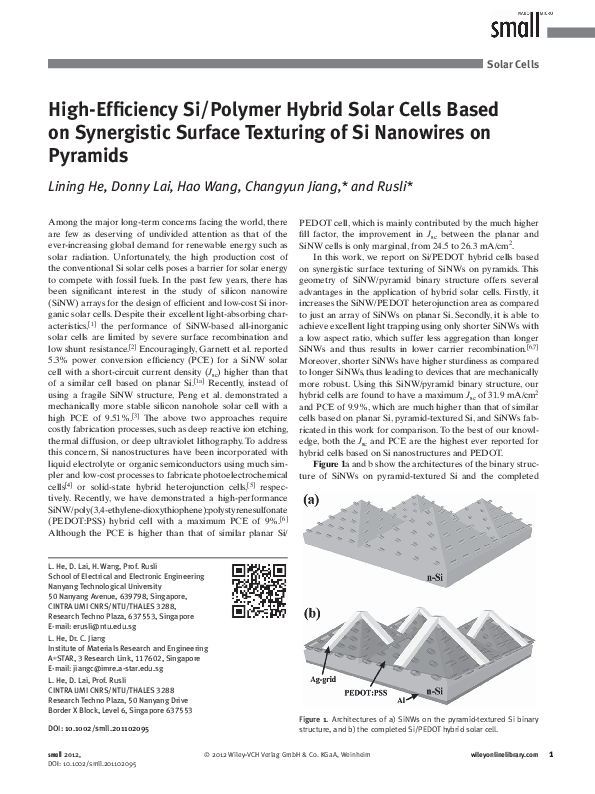 (PDF) High‐Efficiency Si/Polymer Hybrid Solar Cells Based on ...